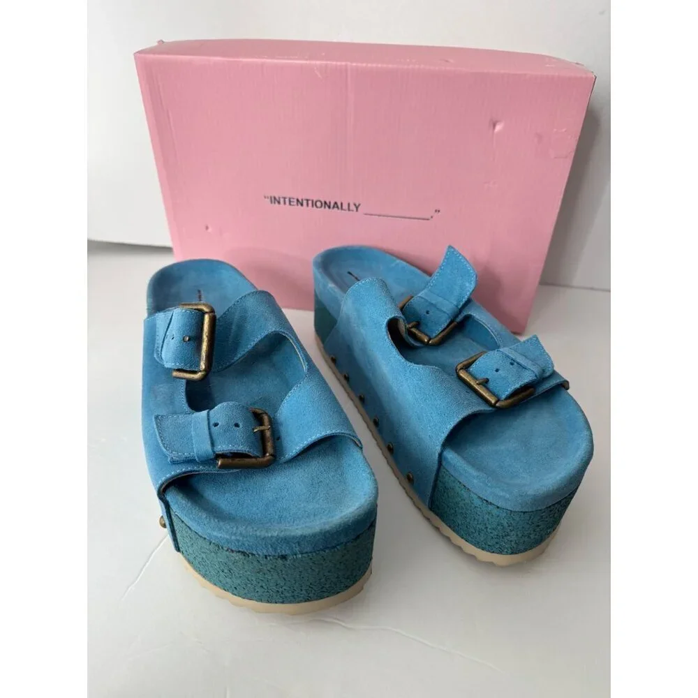 New Intentionally Blank Rule Breaker Suede Platform Sandals Blue Size 39 US 8.5